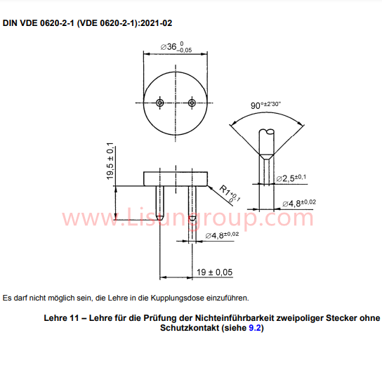 DIN VDE 0620-1 Gauge 11 Non-Insertability Test Gauge for Two-Pole Plugs Without Protective Contact