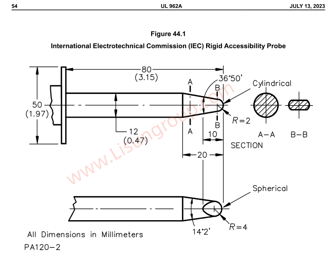 UL 962A Figure 44.1 Compliance Test Probe