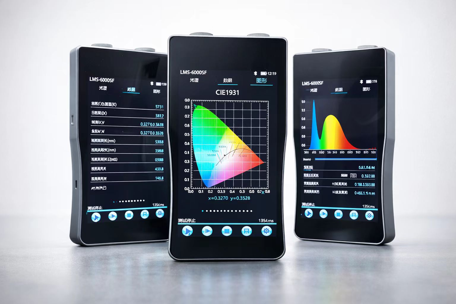 LISUN LMS-6000SF portable CCD spectroradiometer showing CIE1931 color gamut on touchscreen